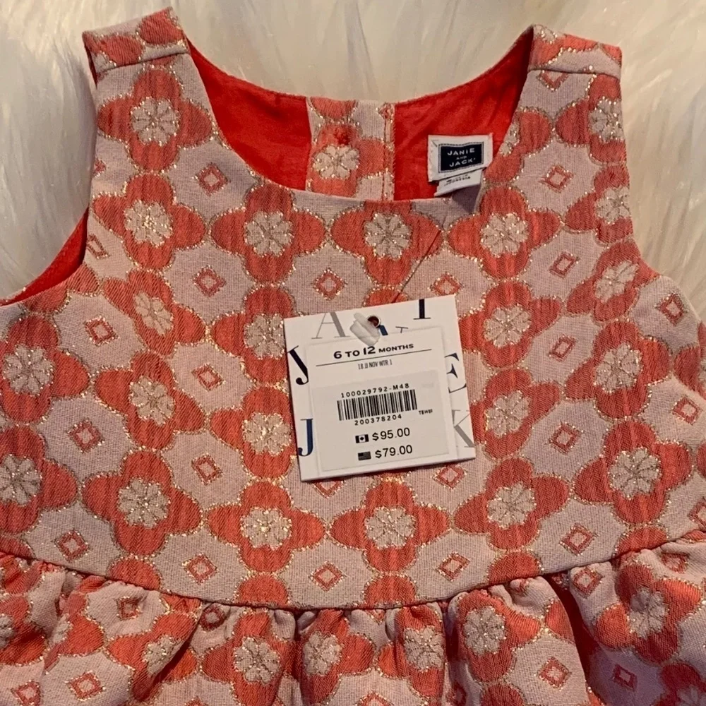 JANIE and JACK - Coral and Gold Brocade Sleeveless Dress NWT (Size 6-12m)